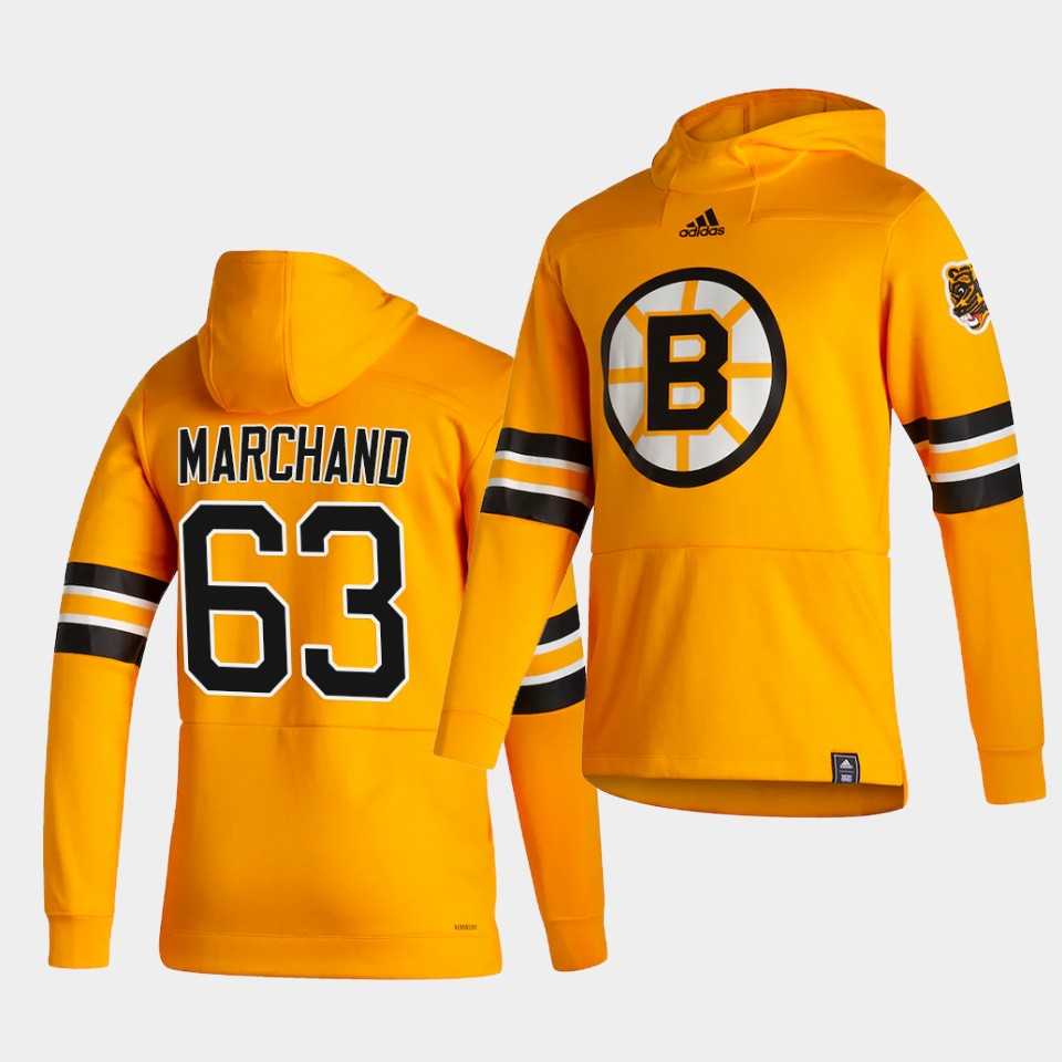 Men Boston Bruins 63 Marchand Yellow NHL 2021 Adidas Pullover Hoodie Jersey